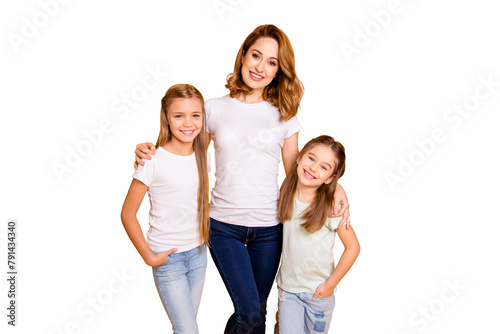 Portrait of three nice attractive winsome sweet slim cheerful people hugging spending time together mum mommy isolated over bright vivid shine yellow background photo