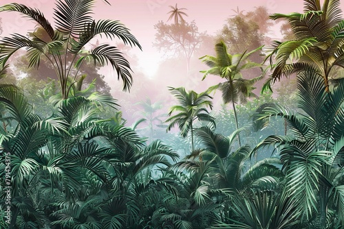 Tropical trees and leaves  3d wallpaper  wallpaper mural  3D illustration  Generative AI