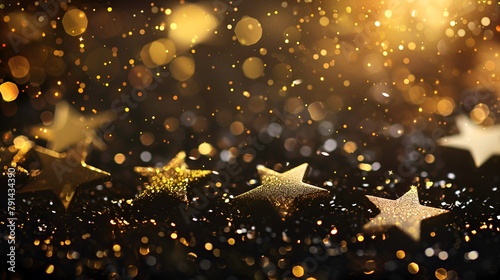 Festive overlay effect. Golden stars bokeh festive glitter background. Christmas greeting cards  invitations  flyers  blog posts  banners design Golden Lights. Vintage Magic Background With Color 