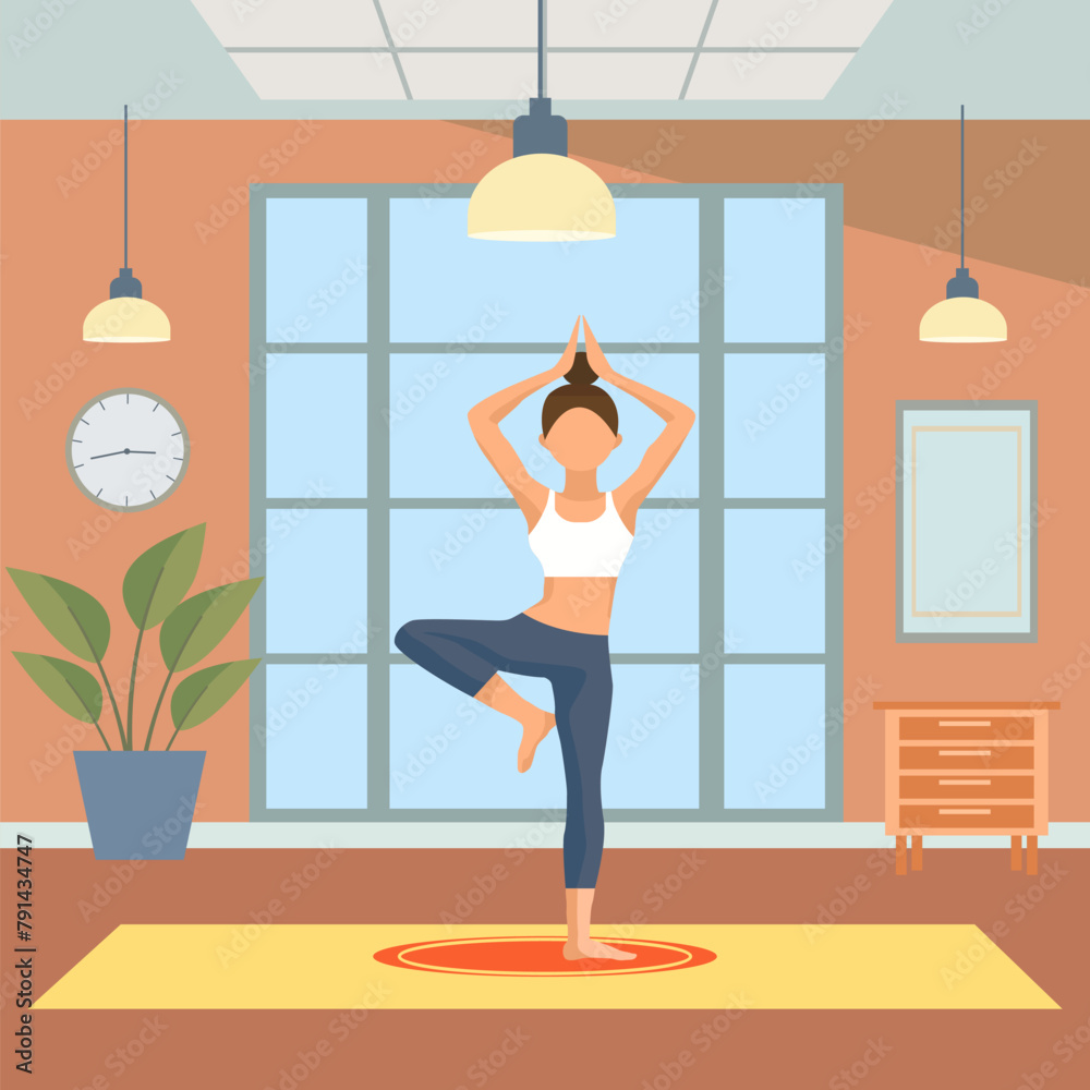 Fototapeta premium Flat Design Illustration of Woman is Practicing Yoga Pose Sport Meditation at Home