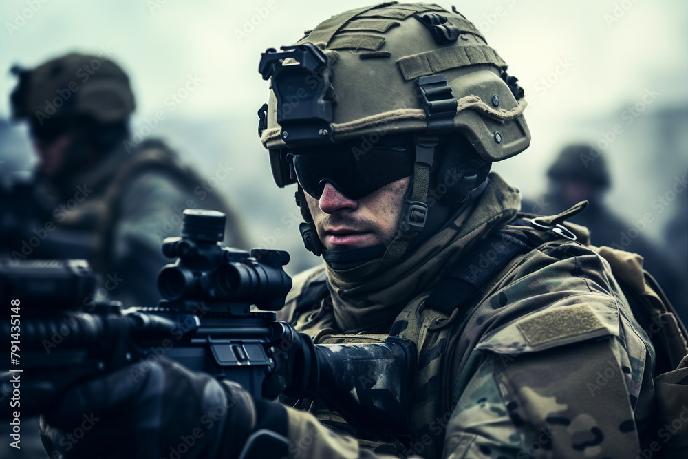 Fototapeta premium Image of courageous soldier with weapon during special operation created with generative AI