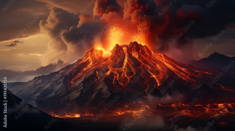 Aerial view of an erupting volcano at sunset, with the red and orange lava glowing against the darkening sky