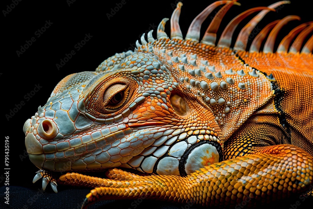 Fototapeta premium Sleeping dragon - Close-up portrait of a resting orange colored male Green iguana isolated on black