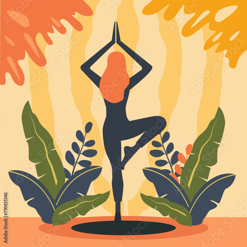 Silhouette of Woman is Practicing Yoga Pose Sport Meditation with Leaf Plant