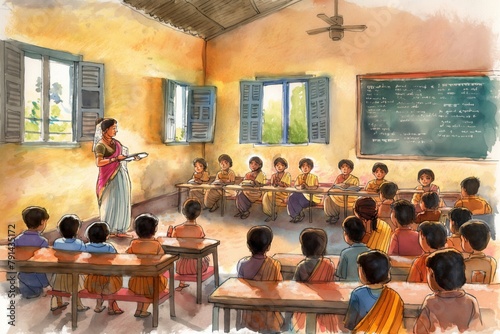 Illustration portraying Indian teachers educating a group of attentive students in a traditional classroom environment