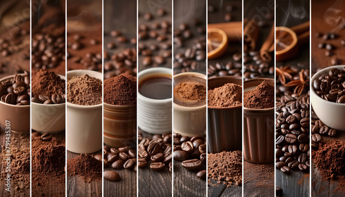 Collage of aromatic coffee beverage with roasted beans and powder photo
