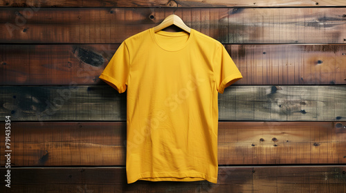 Yellow t-shirt on a hanger on a green wall background ,Blank yellow t-shirt against light textured background 