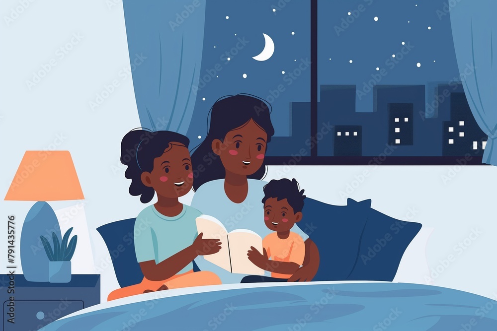 Obraz premium Traditional Indian bedtime story reading routine in a calm and peaceful bedroom setting. With loving parents bonding with their children through storytelling