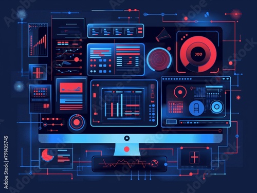 Colorful abstract illustration showcasing a multifaceted control panel with various data display graphics and interactive elements, embodying high-tech digital monitoring or command center aesthetic. © cherezoff
