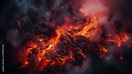 Aerial view of a violent volcano eruption with bright red lava spilling down the rocky mountainside