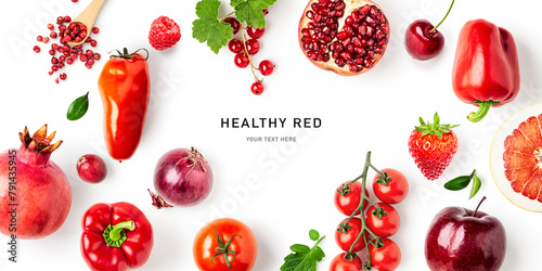 Red healthy fruit vegetable frame border isolated on white background.