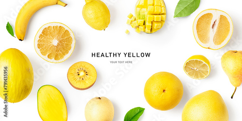 Yellow healthy fruit vegetable frame border isolated on white background.