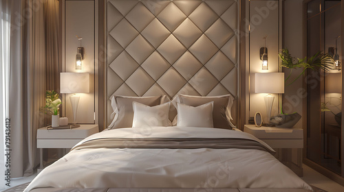 A stylish upholstered headboard serving as the focal point of the modern bedroom, complemented by chic bedside lighting and crisp, white bedding for a serene and inviting atmosphere. © ShutterStockpile