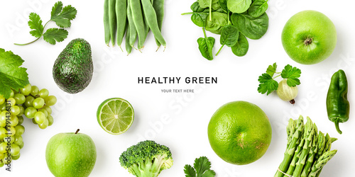 Green healthy fruit vegetable frame border isolated on white background.