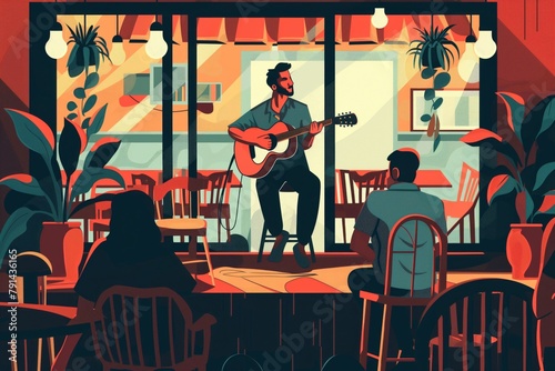 Illustration of an singer with a guitar performing soulfully in an intimate cafe setting photo