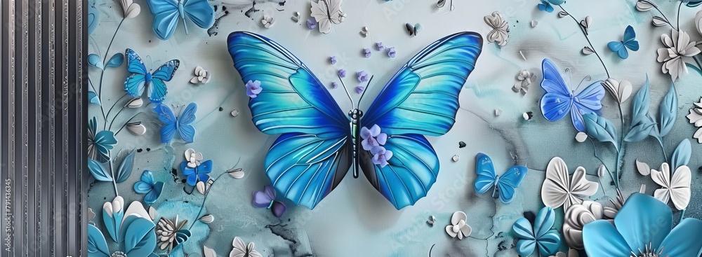 3d modern art mural wallpaper with blue butterfly, Generative AI