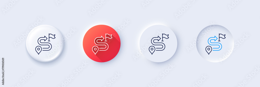 Journey line icon. Neumorphic, Red gradient, 3d pin buttons. Road path sign. Route map distance symbol. Line icons. Neumorphic buttons with outline signs. Vector Journey line icon. Neumorphic, Red gradient, 3d pin buttons. Road path sign. Route map distance symbol. Line icons. Neumorphic buttons with outline signs. Vector