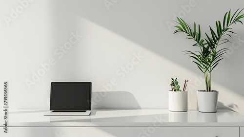 Minimalist home office interior with a clean desk, laptop, potted plant, and ample white wall space for text background 