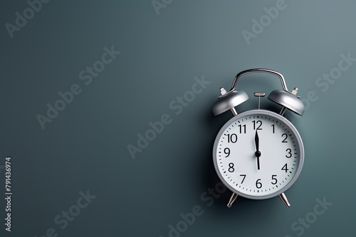 alarm clock on Silver background Minimalistic flat lay,with copy space for photo text or product, blank empty copyspace banner about time management and selfamplement concept. 