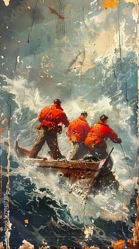 Three men in orange life jackets are rowing a boat in rough waters