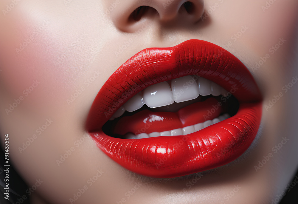 Obraz premium Close up mouth with red lipstick
