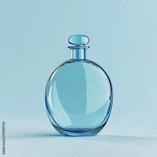 A clear glass bottle with a blue top sits on a white background