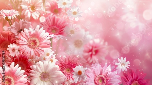 A pink and white flower arrangement with a pink background