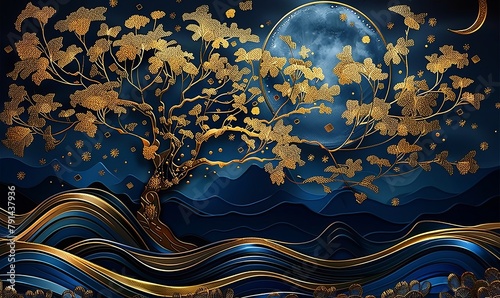 3d modern art mural wallpaper with night landscape with dark blue Jungle, moonlight background with stars and moon, golden tree and gold waves. for use as a frame on, Generative AI