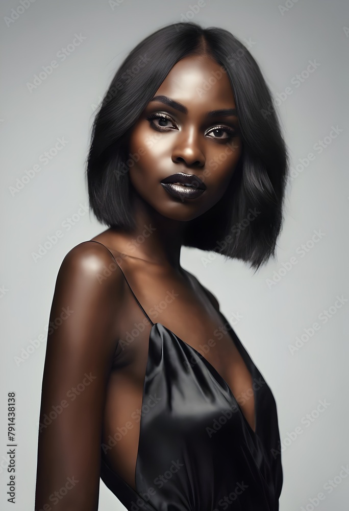 Naklejka premium Beautiful young woman wearing black shiny dress isolated on light background