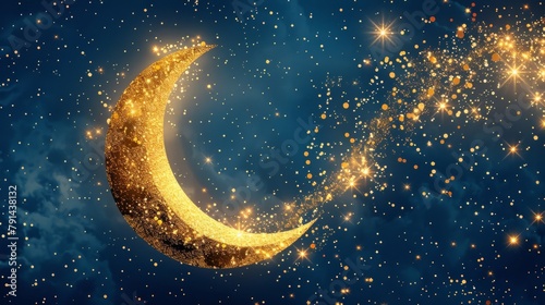 Golden crescent moon with stars and clouds on dark night sky background © Artlana