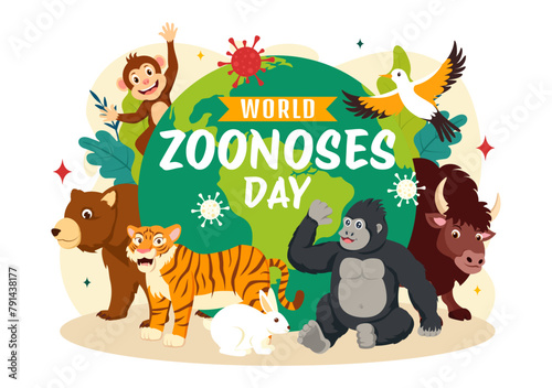 Fototapeta Naklejka Na Ścianę i Meble -  World Zoonoses Day Vector Illustration on 6 July with Various Animals and Plant which is in the Forest to Protect in Flat Cartoon Background Design