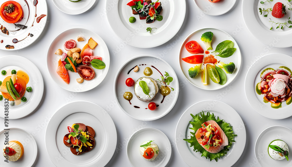 Collage of plates with tasty dishes on white background Collage of plates with tasty dishes on white background