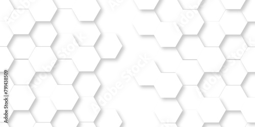 Fototapeta Naklejka Na Ścianę i Meble -  Abstract pattern with hexagonal white and gray technology line paper background. Hexagonal 3d vector grid tile and mosaic structure mess cell. white and gray hexagon honeycomb geometric copy space.