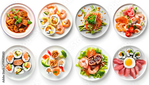 Collage of plates with tasty dishes on white background