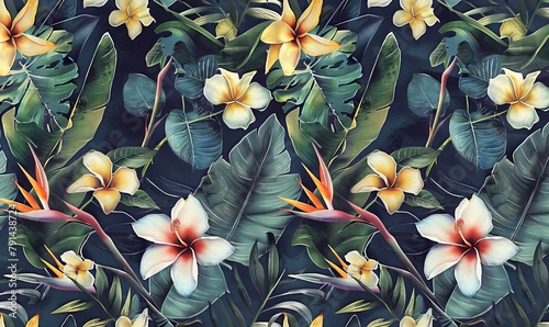 tropical seamless pattern with exotic leaves strelitzia flowers hibiscus and plumeria vintage texture floral background dark watercolor 3d illustration for luxury wallpapers tapestry, Generative AI photo