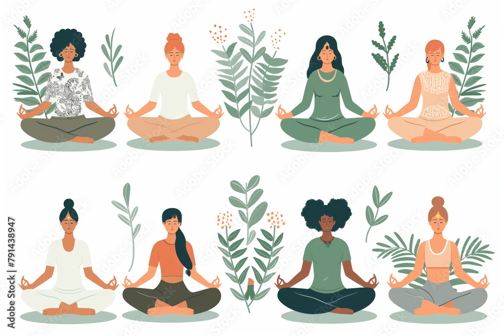Serene illustration of diverse individuals engaged in meditation, surrounded by peaceful greenery Serene illustration of diverse individuals engaged in meditation, surrounded by peaceful greenery