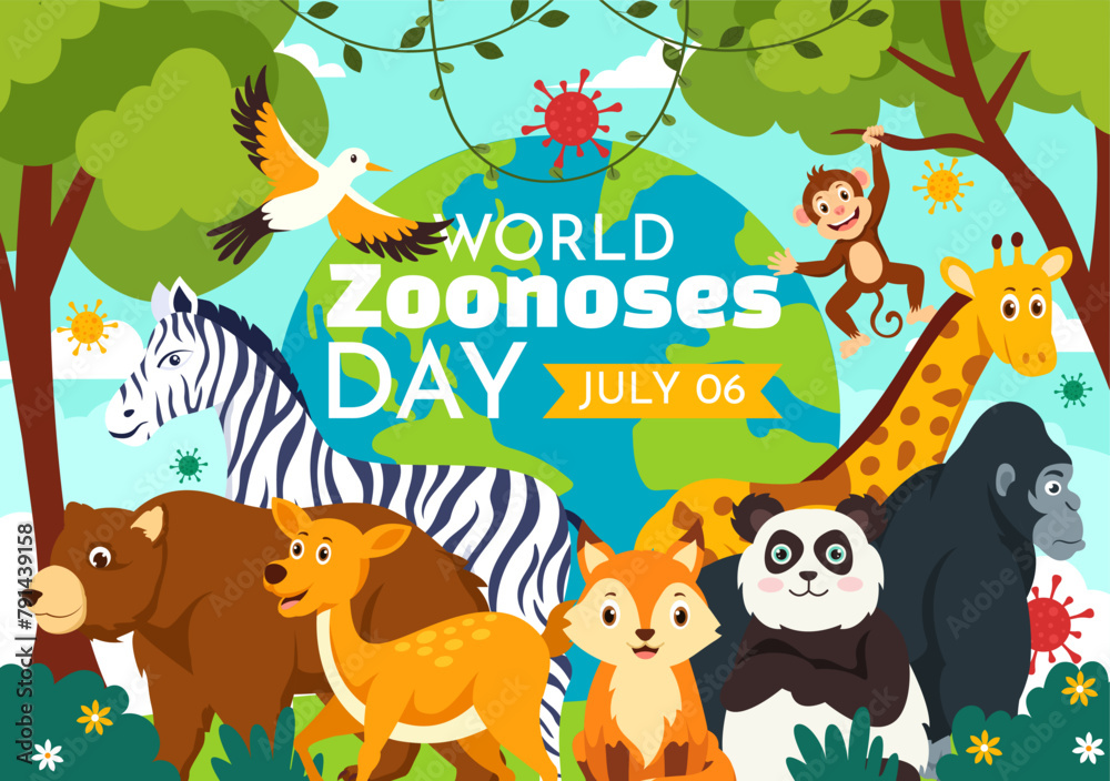 Naklejka premium World Zoonoses Day Vector Illustration on 6 July with Various Animals and Plant which is in the Forest to Protect in Flat Cartoon Background Design
