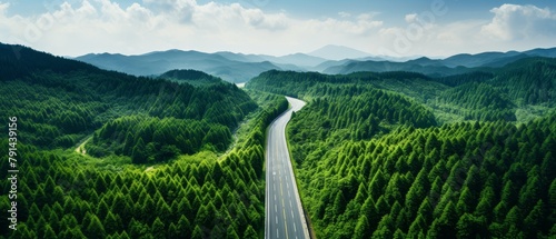 Aerial perspective of a dense green forest intersected by a clean, sustainable roadway, reflecting green economy principles