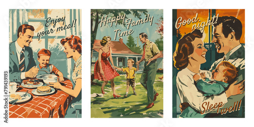 Set of hand drawn family vintage backgrounds. Retro design elements for poster, flyer, cards and web. © dehweh