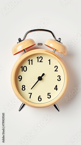 alarm clock on white background Minimalistic flat lay,with copy space for photo text or product, blank empty copyspace banner about time management and selfamplement concept. 