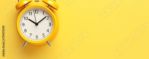 alarm clock on Yellow background Minimalistic flat lay,with copy space for photo text or product, blank empty copyspace banner about time management and selfamplement concept. 