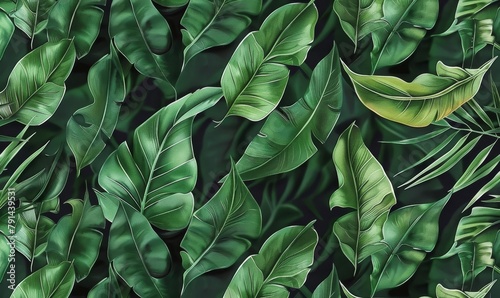 luxury texture premium wallpaper mural seamless pattern green tropical leaves dark background 3d illustration watercolor technique digital wall art paper cloth fabric printing, Generative AI photo
