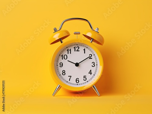 alarm clock on Yellow background Minimalistic flat lay,with copy space for photo text or product, blank empty copyspace banner about time management and selfamplement concept. 