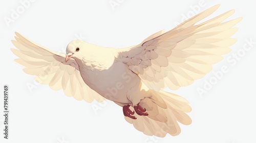 A stunning albino dove gracefully soars showcasing its expansive wings in a charming cartoon image set against a pure white backdrop a tiny yet powerful emblem of love © AkuAku