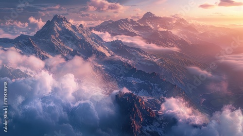A breathtaking vista of snow-capped peaks piercing the clouds, with rugged cliffs and alpine meadows below, bathed in the soft light of dawn breaking over the horizon. © Manzoor