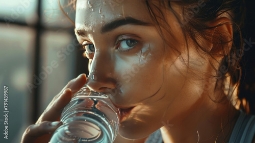Closeup portrait of beautiful young fit woman drinking water during traning in the gym. photo