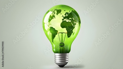 Green World Map Light Bulb Banner: Symbolizing Renewable Energy and Sustainability. Concept Sustainability, Green Energy, Renewable Resources, World Map, Light Bulb Banner