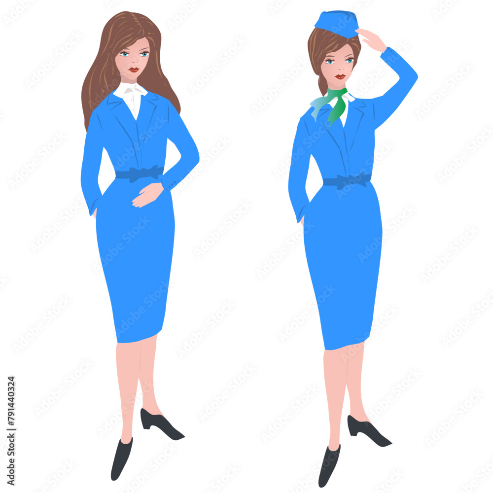 Illustration of realistic girl in blue uniform stewardess with loose hair and with uniform cap. Vector illustration of two girls in a blue dress of the uniform of stewardesses of all countries of the Illustration of realistic girl in blue uniform stewardess with loose hair and with uniform cap. Vector illustration of two girls in a blue dress of the uniform of stewardesses of all countries of the