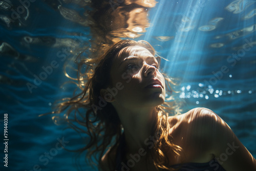 AI generated close up photo picture of happy diver swims underwater blue day light