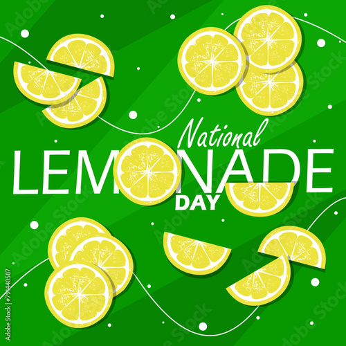 National Lemonade Day event banner. Lemon slices on green background to celebrate on May